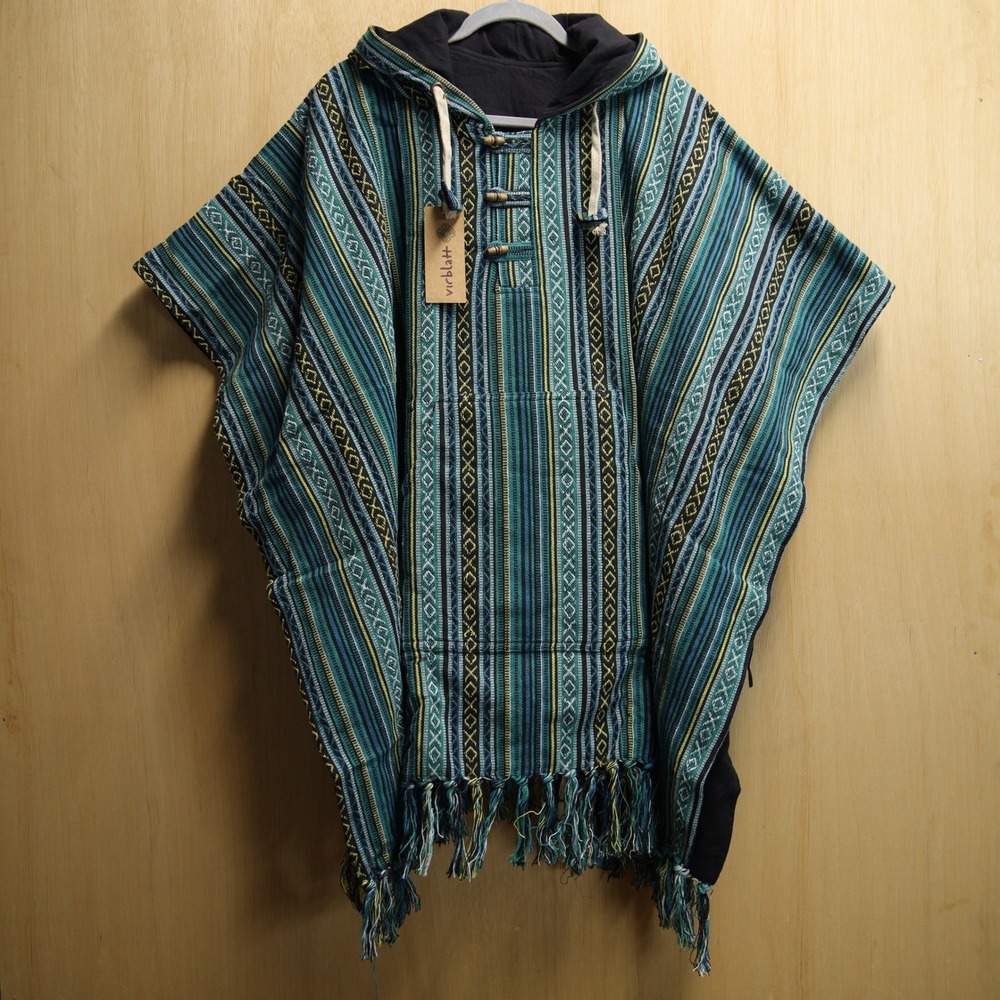 Handmade Reversible Hooded Poncho Teal Ethnic Pattern Black Mandala 100% Cotton
